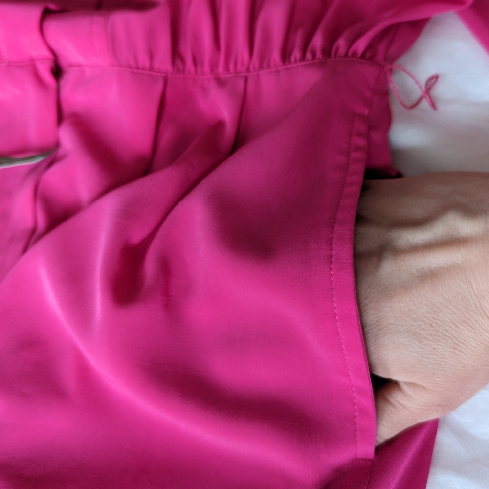 Vintage 1980's Bright Pink Dress Belted Button Down High Neck Pockets Size 10 - Picture 14 of 16